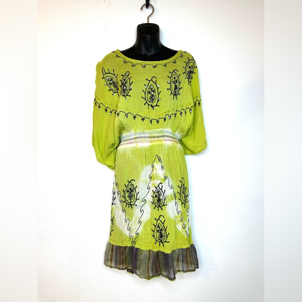 Just Love Women's Dress OS Green Tie Dye Embroidered Sequins Gypsy Festival Boho